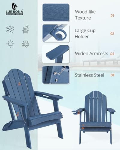 LUE BONA Folding Adirondack Chair, Chairs Set of 2, Cup Holder, Woodgrain, Fire Pit, Patio, Pool, Blue - Thumbnail 4