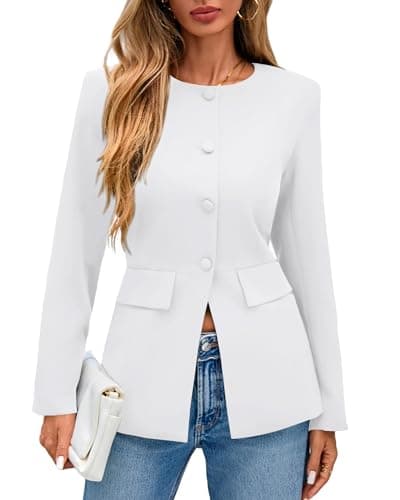 Lazysmile Blazers for Women Long Sleeve Crewneck Button Down Suit Jackets Work Office Business Casual Outfits with Pockets White - Image 1