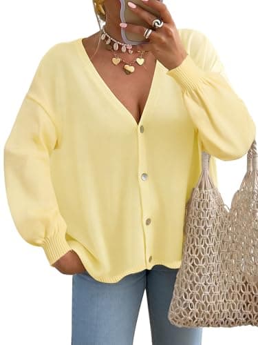 FireSwan Cardigan Sweater for Women Long Lantern Sleeve Oversized Knit Outfits Lightweight Trendy Spring Tops 2026 Yellow XL - Image 1