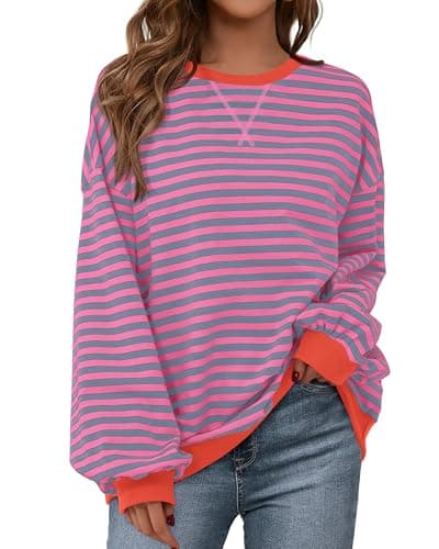 BTFBM Womens Oversized Striped Sweatshirt 2026 Spring Crewneck Long Sleeve Pullover Top Casual Y2K Clothes Workout Shirt(Rose Red Grey Blue, Medium)