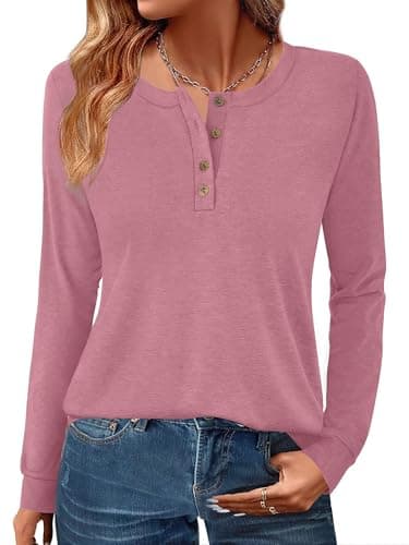 GKBK Womens Henley Tops Long Sleeve Shirts Button Pullover Loose Fit Henley Neck Tunics Dark Pink S - Image 1