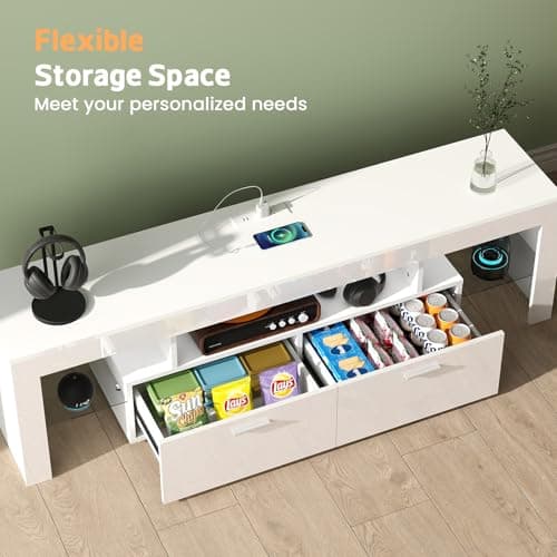 Lamtor TV-Stand with Mount 75 inch - LED TV Stand with Power Outlet & Drawers, Modern Entertainment Center with Mount for Living Room, Bedroom, White - Thumbnail 6