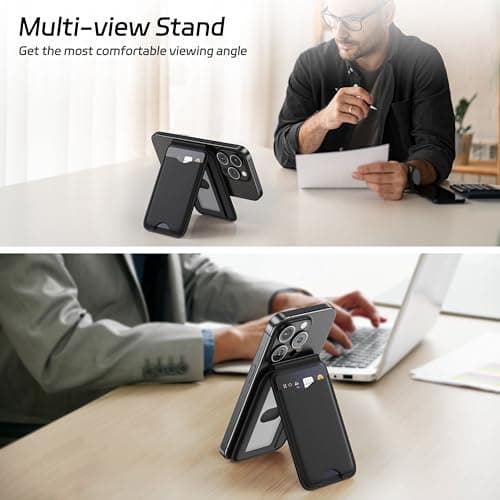 LULULOOK Magnetic Wallet Stand for Phone, 2-in-1 Full Grain Leather Mag-Safe Card Holder for iPhone 16/15/14/13/12 Plus Pro Max Series, Mobile Phone Wallet w/3 Card Slots, Not for iPhone Mini - Black - Thumbnail 3