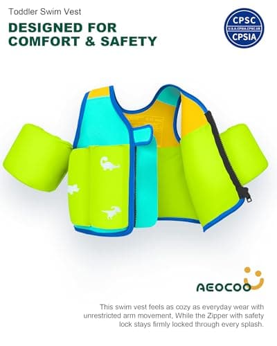AEOCOO Toddler Swim Vest 20-30-50-70 Pounds, Kids Pool Floaties for 1-2-3-5-7-9 Years Old, Comfortable Wear Bright Float Jacket with Water Ring, Unpadded Sides for Arm Comfort, Boys, Girls, Blue - Thumbnail 2
