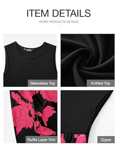 BTFBM Women Casual Sleeveless Summer Dresses 2025 Spring Crewneck Patchwork Boho Floral Ruffle Cocktail Party Midi Dress(Big Floral Rose Red, X-Large) - Thumbnail 6