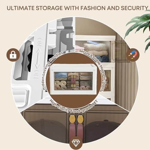 MOONEDGE 140QT Stackable Plastic Storage Bins with Lid & Handles, Foldable Collapsible Closet Organizer with Magnetic Doors and Side Locking, 4 Tier for Living Room, Office, Garages - Thumbnail 3