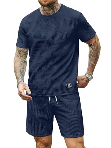 JEMLDL Mens Big and Tall 2 Piece Set Navy Blue Summer Jacquard T-Shirt Shorts Sweat Suit Casual Lounge Wear Dark Blue XXL - Image 1