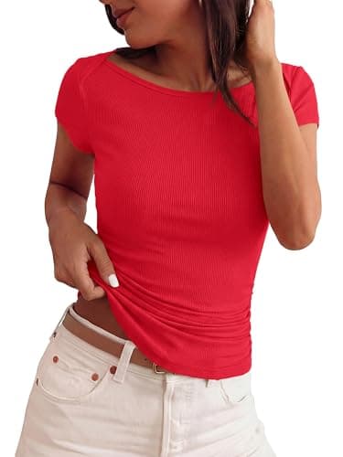 BTFBM Womens Summer Tops 2026 Ribbed T Shirts Crew Neck Short Sleeve Stretchy Ruched Slim Fit Workout Going Out Top(Red, Medium) - Image 1