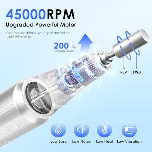 HELIVIVE Professional Electric Nail Drill 45000RPM (Portable & Rechargeable) (with 11 Drill Bits ) Cordless Nail File Machine for Shaping, Polishing & Removing Gel Nails for Salon Home (White) - Thumbnail 2