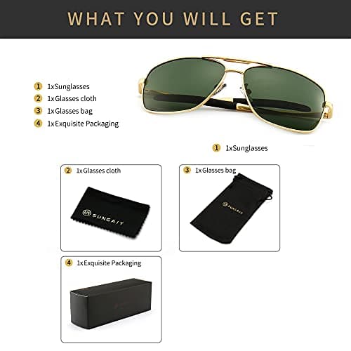 SUNGAIT Men's Polarized Sunglasses Durable Metal Frame for Fishing Driving Golf (Gold Frame/Green Lens) Metal Frame 0925 JKLV - Thumbnail 6