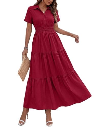 BTFBM Wedding Guest Dresses for Women Beach Fashion Casual Short Sleeve V Neck Solid Spring Summer Boho Maxi Dress (Wine Red,Medium) - Image 1