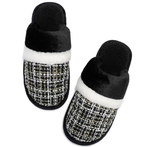 House Slippers for Women Leopard Fluffy Memory Foam Cute Comfy Fuzzy Slippers Slip on Anti-Skid Christmas Gifts for Women Mom Indoor and Outdoor Size 9 10 Chic Black - Image 1