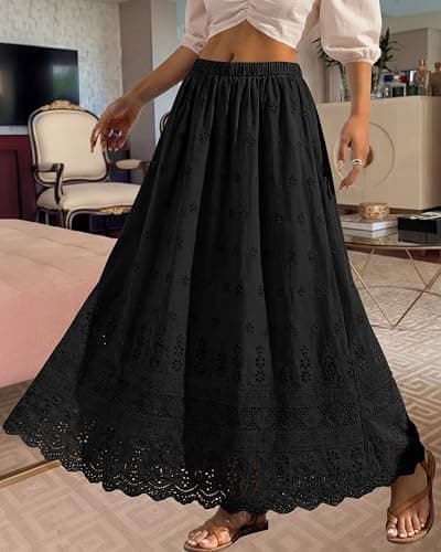 dowerme Women Summer Maxi Skirt Cute Elastic High Waist Boho Eyelet A-Line Cotton Flwoy Long Skirts Spring Clothes 2026(Black,X-Large) - Thumbnail 6