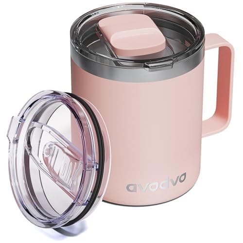 avodvo 12oz Insulated Coffee Mug with Lid – Includes Two Lids, Stainless Steel Coffee Travel Mug with Handle, Double Wall Vacuum Insulated Camping Mug for Home, Office & Outdoor, Light Pink - Image 1
