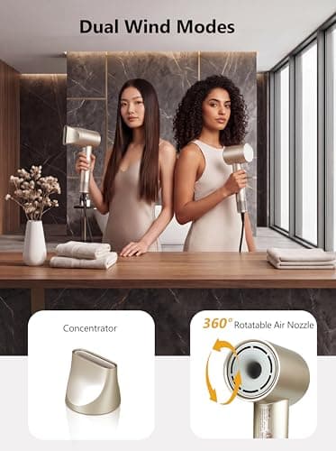 WHS Hair Dryer, 110,000 RPM High Speed Brushless Motor Ionic Blow Dryer – Low Noise Lightweight 110V Travel Hair Dryer with Concentrator Nozzle, Fast Drying for Home & Travel (Gold) - Thumbnail 5