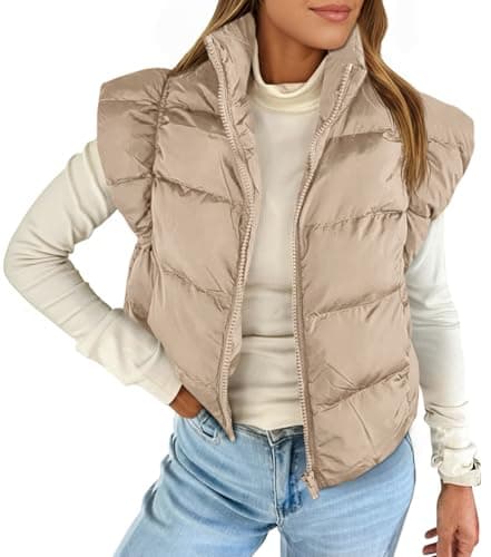 Tankaneo Womens Cropped Puffer Vest Cap Sleeve Zip Up Puffy Qulited Jacket Stand Collar Padded Gilet Coat Winter Outerwear - Image 1