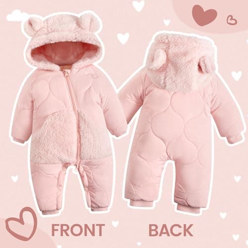 JiAmy Baby Snowsuit Winter Romper Hooded Boys Girls Jumpsuit Bear Thick Windproof Cap Infant Winter Clothes 12-18 Months Pink - Thumbnail 4