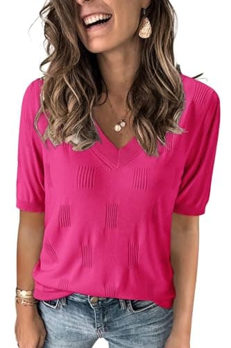 Arach&Cloz Women's Summer Fall Tops 2025 Short Sleeve Plus Size Sweaters V Neck Trendy Fashion Knit Clothes Dressy Cute Casual Outfits Business Work Blouse Hot Pink XXL - Image 1
