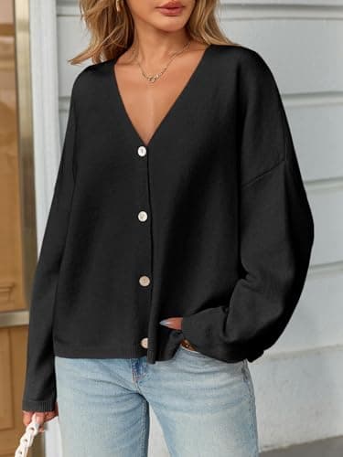 Saodimallsu Womens Oversized Cardigan Sweaters Open Front Button Down V Neck Sweater 2025 Winter Knit Outwear Black - Thumbnail 2