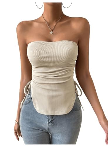 GORGLITTER Women's Strapless Knit Tube Top Y2k Ruched Drawstring Curve Hem Bandeau Going Out Tops Apricot Large - Image 1