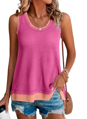 BLENCOT Women's Summer 2025 Sleeveless Scoop Neck Waffle Knit Tank Tops Casual Loose Tunic Shirts Bright Pink XL - Image 1