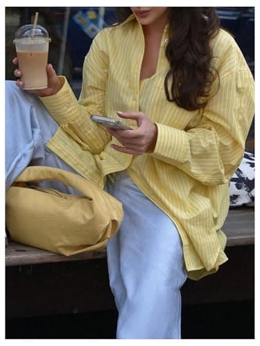 GORGLITTER Women's Striped Long Sleeve Shirt Button Down Blouses Dressy Casual Collared Business Work Office Outfits Yellow Medium - Thumbnail 3