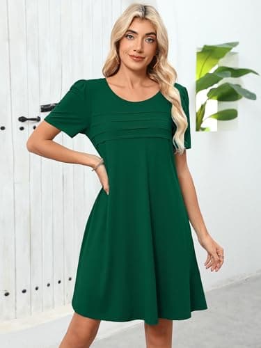 Heymoments Women's Short Sleeve Dress Green Small Round Neck Casual Flowy Midi Sundress Comfy Tshirt Ladies Teachers Summer Beach Swing 2026 Novelty Dresses with Pockets - Thumbnail 5