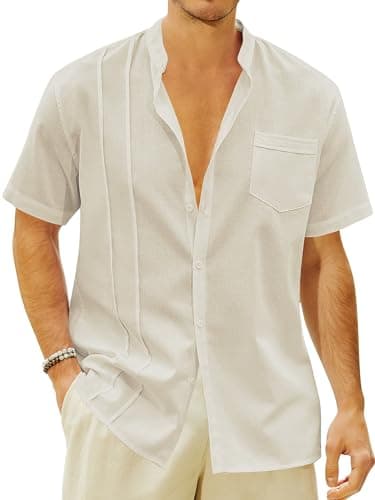 Mens Casual Button Shirts Cotton Linen Summer Beach Short Sleeve Tops for Lounge Vacation Beige - Image 1