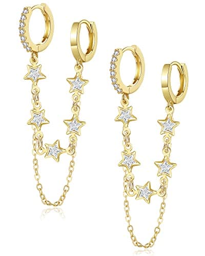 Shownee Tassel Chain Small Gold Hoop Dangle Earring For Women Huggie Earring Heart Star CZ 14K Gold Plated Fashion Jewelry Friendship Gift - Image 1