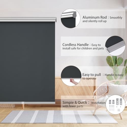 Changshade 100%Blackout Roller Shades for Windows，Room Darkening Thermal Insulated Pull Down Window Blinds, Cordless Free-Stop Shade，Easy Install UV Protection Door Blind for Home，Black,25" W x 72" H - Thumbnail 6
