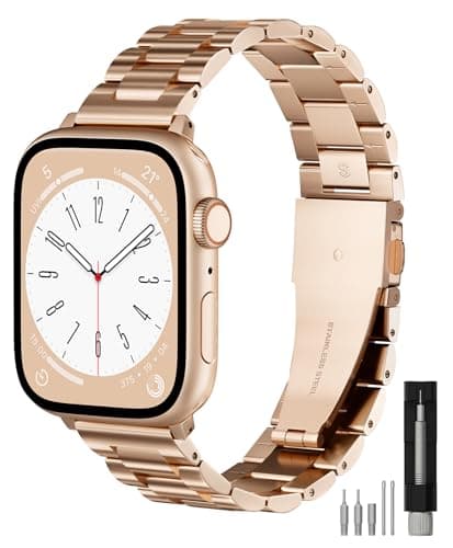 FUNSTONE Metal Band Compatible with Apple Watch Band 42mm(Series 11 10) 41mm(Series 9 8 7) 40mm(Series 6 5 4 SE3/2/1) 38mm(Series 3 2 1), Dressy Stainless Steel iWatch Strap for Women, Rose Gold - Image 1