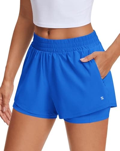 Stelle Women's 2 in 1 Running Shorts Athletic Workout Gym Shorts High Waisted Shorts with Liner Zipper Pockets (Sapphire, X-Large) - Image 1