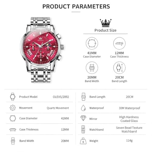 OLEVS Watch Men Red Face Watches for Men Silver Mens Watches Luxury Reloj para Hombre Analog Quartz Dress Stainless Steel Waterproof Chronograph Moon Phase Date Diamond Men's Wrist Watch - Thumbnail 6