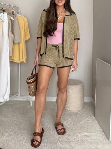 Cicy Bell Womens 2 Piece Short Sets Summer Sweater Outfits Short Sleeve Collared Tops Vacation Color Block Knit Lounge Sets - Thumbnail 5