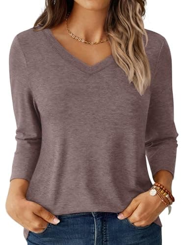 GKBK Womens Tops 3/4 Sleeve Shirts V Neck Casual Blouses Basic Loose Fit Pullover Tshirts Gray Purple M - Image 1