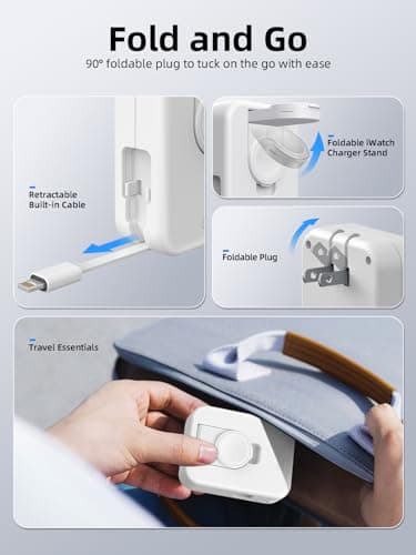 AFLYDOG for Apple Watch Charger Block, 2 in 1 Wall Charger with Built-in Retractable Charging Cable, Travel Foldable Plug Power Adapter Compatible with iPhone iWatch (White) - Thumbnail 3