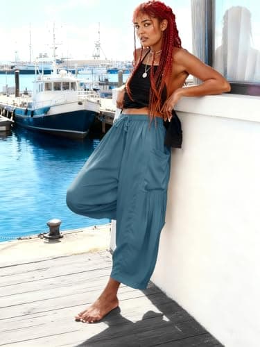 COCOMARTS Womens Linen Wide Leg Palazzo Pants Casual Loose Elastic Drawstring Flowy Pant 2025 Fall Travel Baggy Harem Pants with Pocket Lake Blue Large - Thumbnail 6