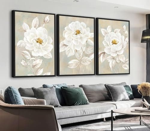 ASDCEUTICALS Large Canvas Wall Art - Beige Bloomy Flower Wall Decor, Vintage Floral Paintings, Aesthetic Botanical Pictures for Living Room Bedroom Office Bathroom Framed Artwork 24" X 36" X 3 Pcs - Image 1