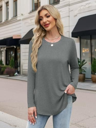 JUSTFASHIONNOW Long Sleeve Shirts for Women Tunic Tops To Wear With Leggings Crew Neck Dressy Casual Blouses Flowy Tops Trendy Fall (Grey, Medium) - Thumbnail 5