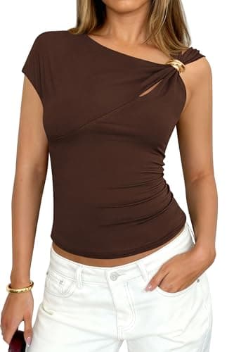 PRETTYGARDEN Womens Summer Tops 2026 One Shoulder Buckle Cut Out Asymmetrical Y2K T-Shirts Knit Spring Going Out Shirts(Brown,X-Large) - Image 1