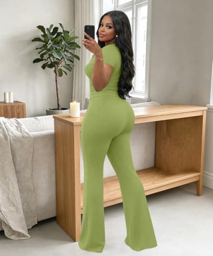 ABKY Two Piece Sets For Women Summer Ribbed Short Sleeve V Neck Polo Top Wide Leg Pants Set Casual Tracksuit Brunch Outfits Green 2XL - Thumbnail 4