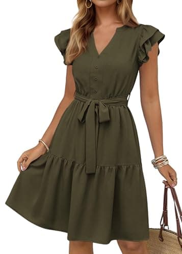 KIRUNDO Summer Dresses for Women 2026 Spring Flutter Sleeve V Neck Ruffle Flowy Tiered Knee Length Beach Vacation Sundress(Army Green, Medium) - Image 1