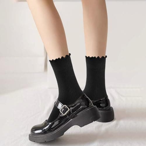 MORECOO Ruffle Socks Woman, Ruffle Turn-Cuff Breathable Cool Knit Cotton Lettuce Frilly Crew Mid-Calf Socks 6 Pack - Thumbnail 2