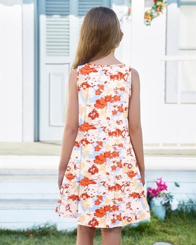 Girls Sleeveless Summer Dress Kids Crewneck Casual Mini Floral A Line Beach Sundresses with Pockets 5-14 Years Red Pink Flower XS - Thumbnail 2