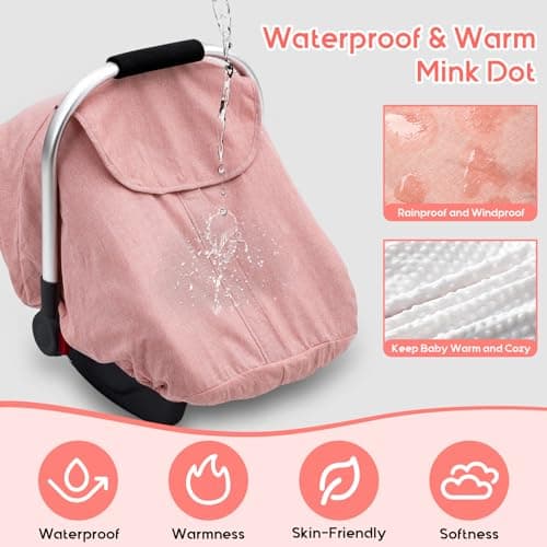 Car Seat Cover Baby Girl, Waterproof Infant Car Seat Canopy with Peep Window and Breathable Holes, Warm Carseat Cover with Plush Dots Lining for Cold Weather - Thumbnail 2