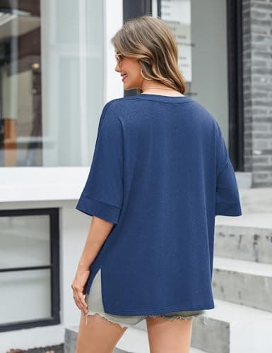 Totatuit Ladies Short Sleeve Tops Split Hem V Neck Blouses for Women Business Casual Spring Plain Tunic Navy Blue S - Thumbnail 5