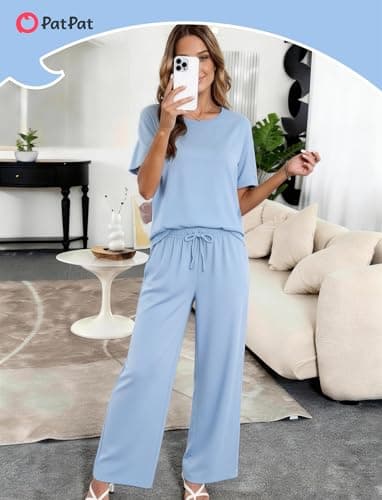 PATPAT Lounge Sets for Women Short Sleeve Pajama Set Soft Comfy Elastic Pjs 2 Piece Loungewear Outfits with Pockets Light Blue, XL - Thumbnail 2
