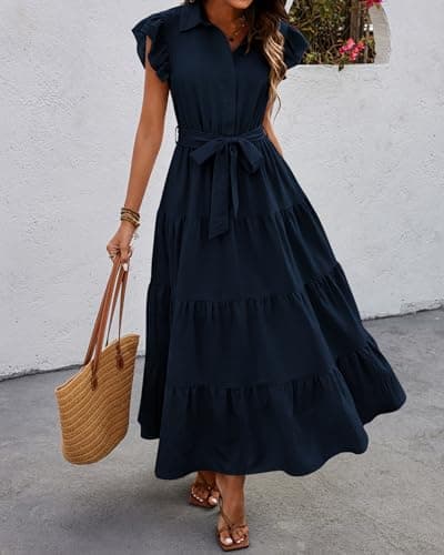 dowerme Women's Summer Casual Dresses 2025 Cap Ruffle Sleeve V Neck Button Belted Tiered Boho Maxi Dress with Pockets(Navy,Small) - Thumbnail 2