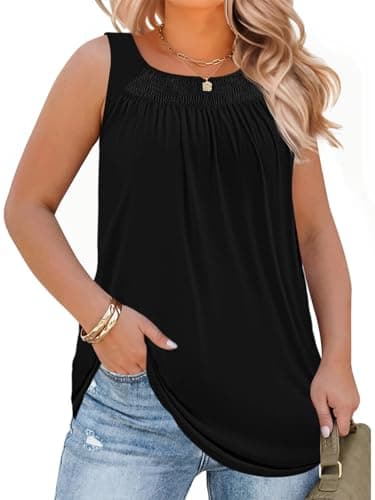 Beautife Women Plus Size Sleeveless Tank Tops Loose Fit Smocked Crew Neck Summer Casual Curved Hem Tunic Tees Black - Image 1