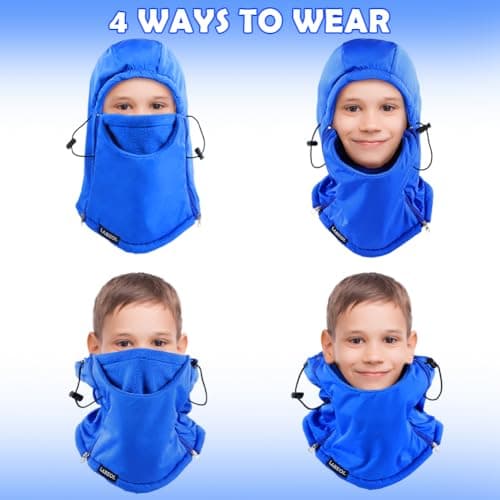 Labeol Kids Balaclava Ski Mask, Blue Winter Waterproof Thick Warm Fleece Face Cover with Adjustable Zippers for Boys Girls - Thumbnail 5
